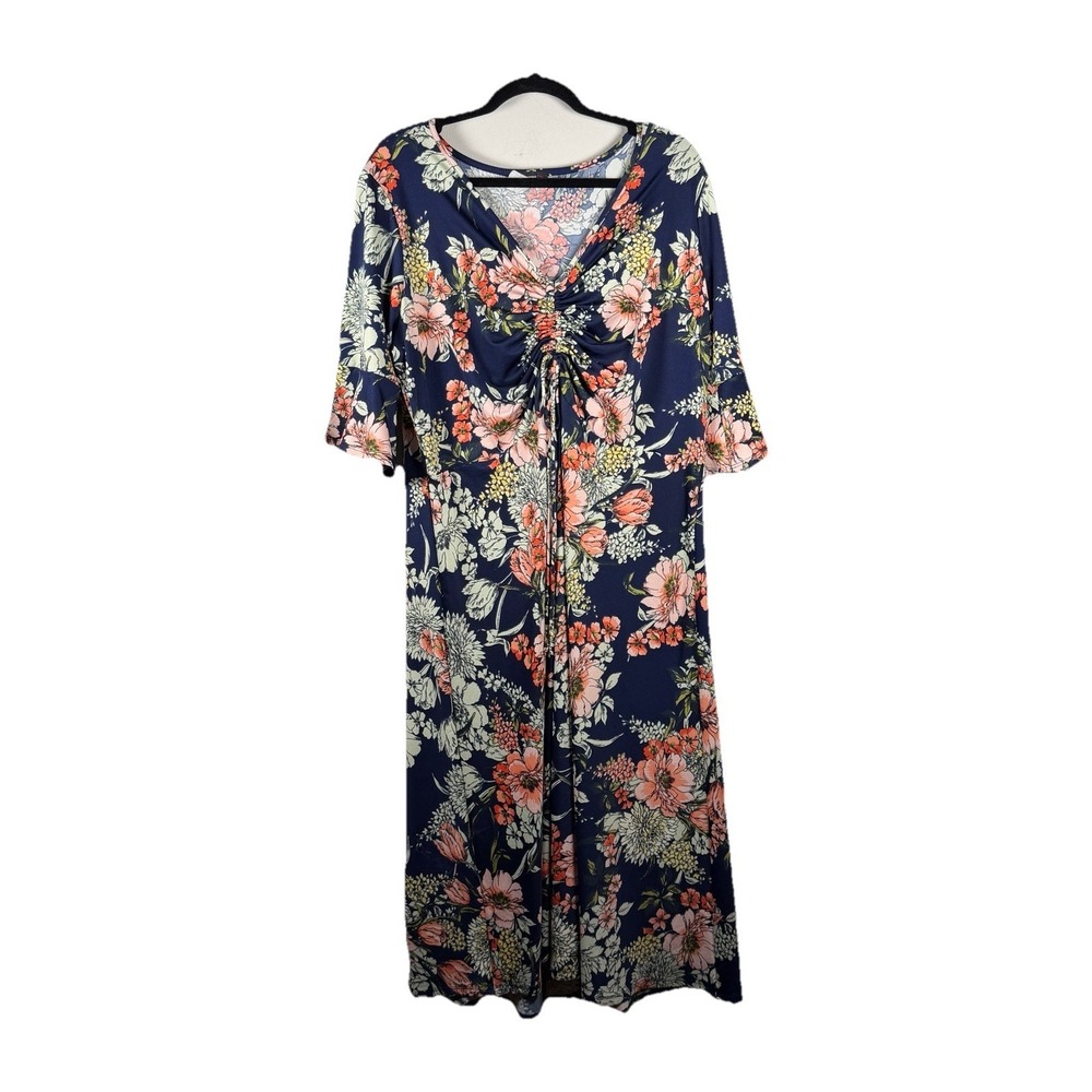 Women's Floral Dress XL‎ Navy Pink Short Sleeve V‑Neck Midi Adjustable Nursing